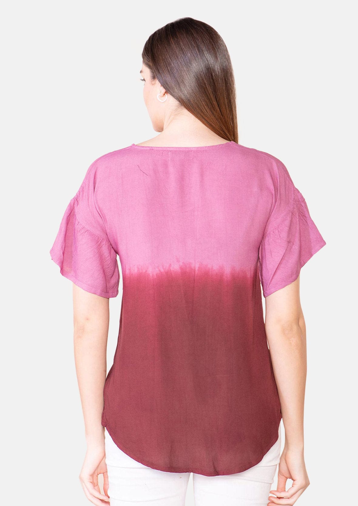 back side of round neck ombre magenta top #color_Magenta Pink Ombre