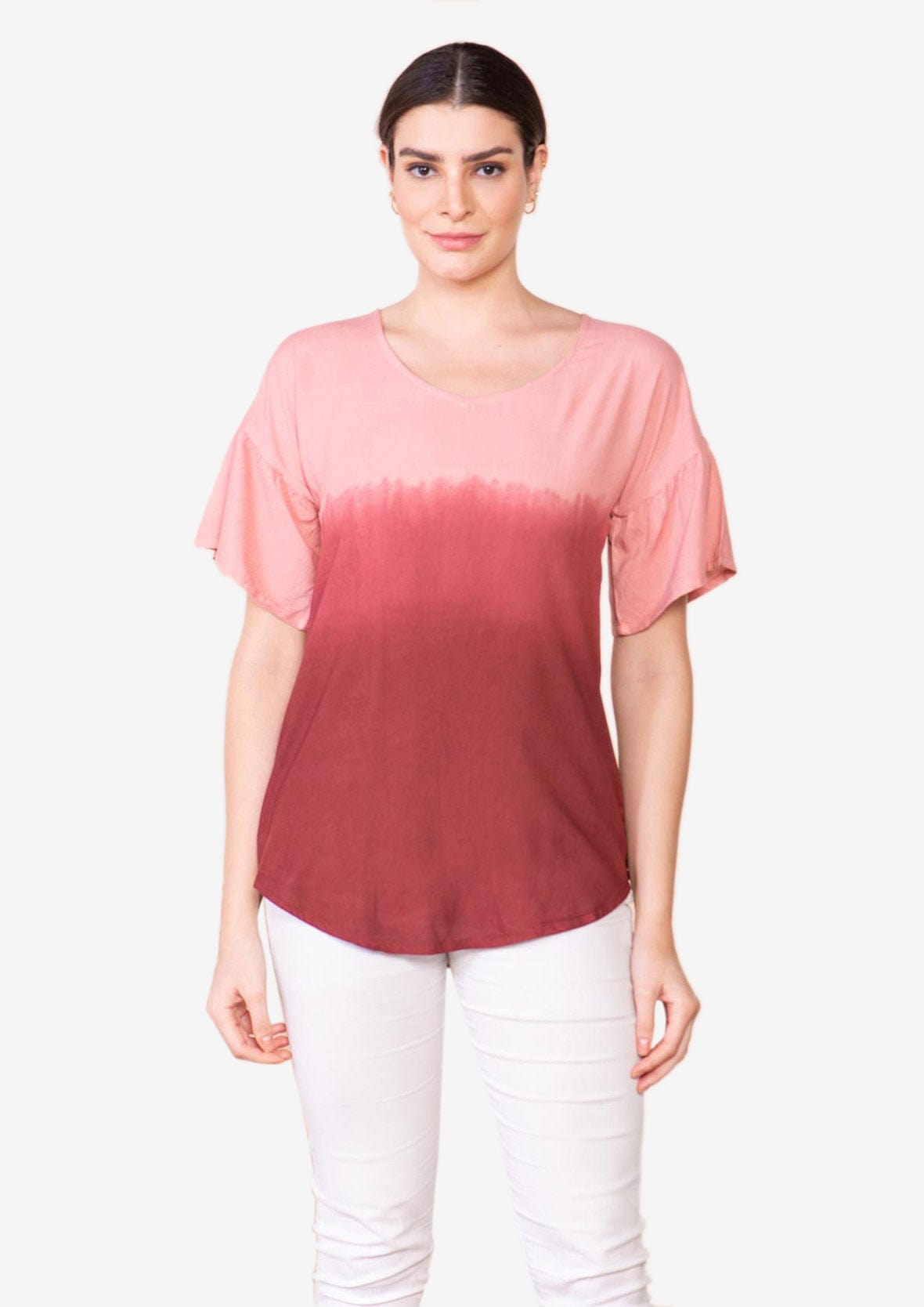 round neck ombre red top #color_Red Ombre