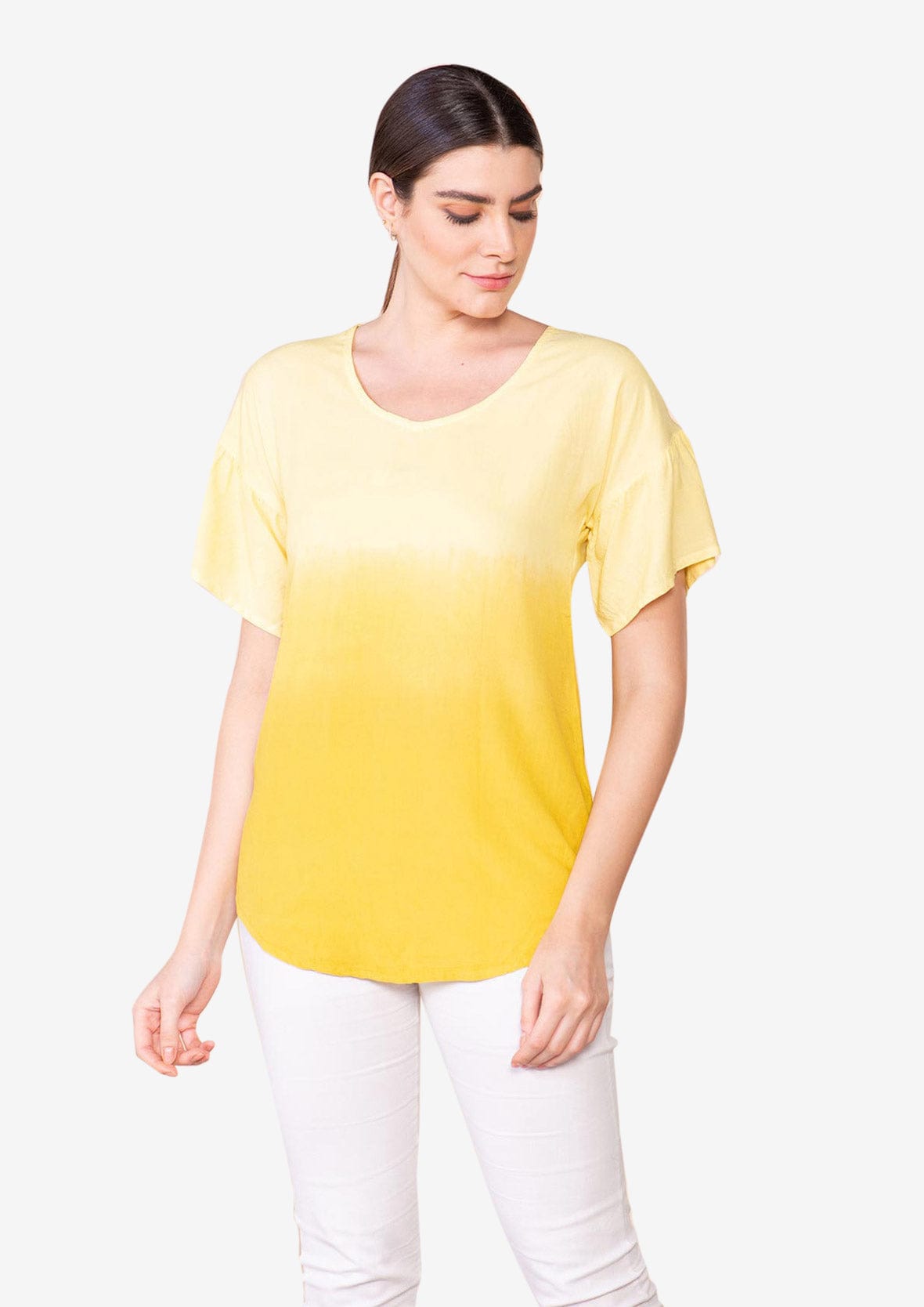 round neck ombre yellow top #color_Yellow Lime Ombre