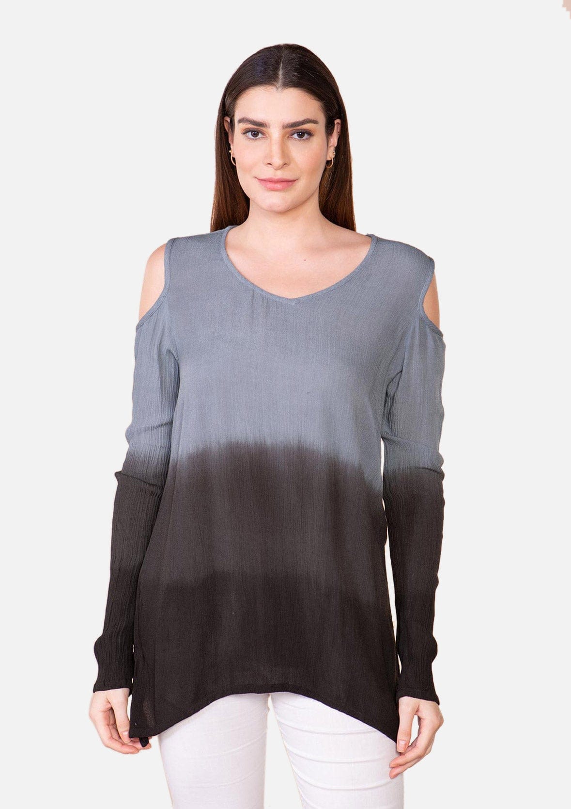 rayon ombre black top with cold-shoulder #color_Black Gray Ombre