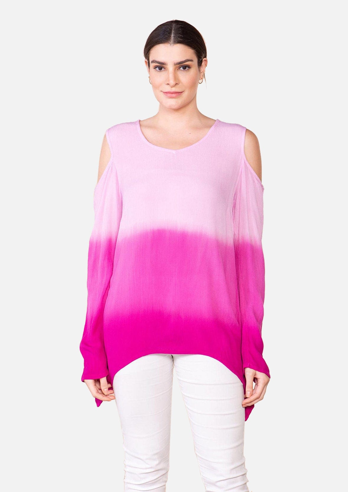 rayon ombre pink top with cold-shoulder #color_Pink Rose Ombre