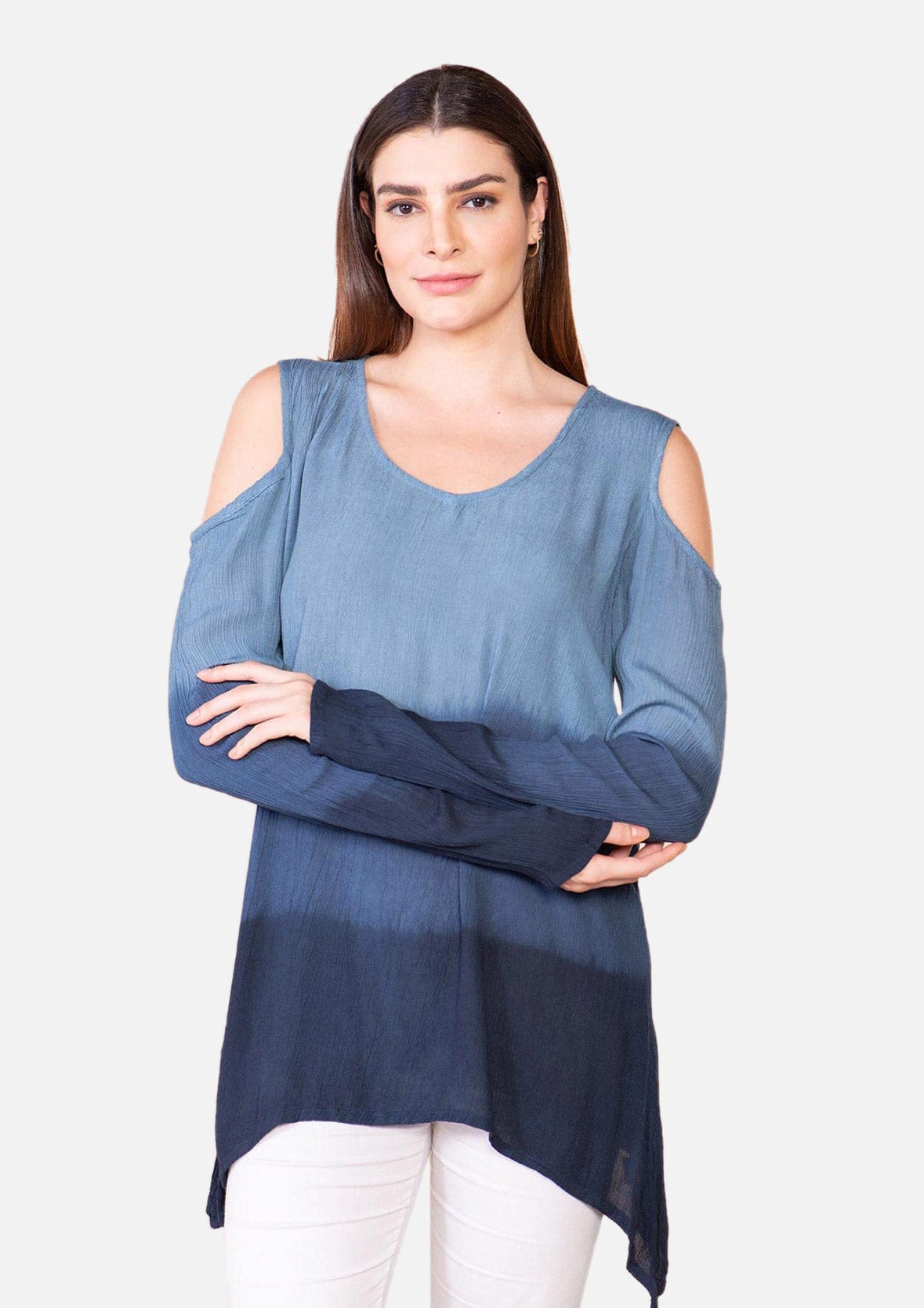 rayon ombre gray top with cold-shoulder #color_Gray Flint Ombre