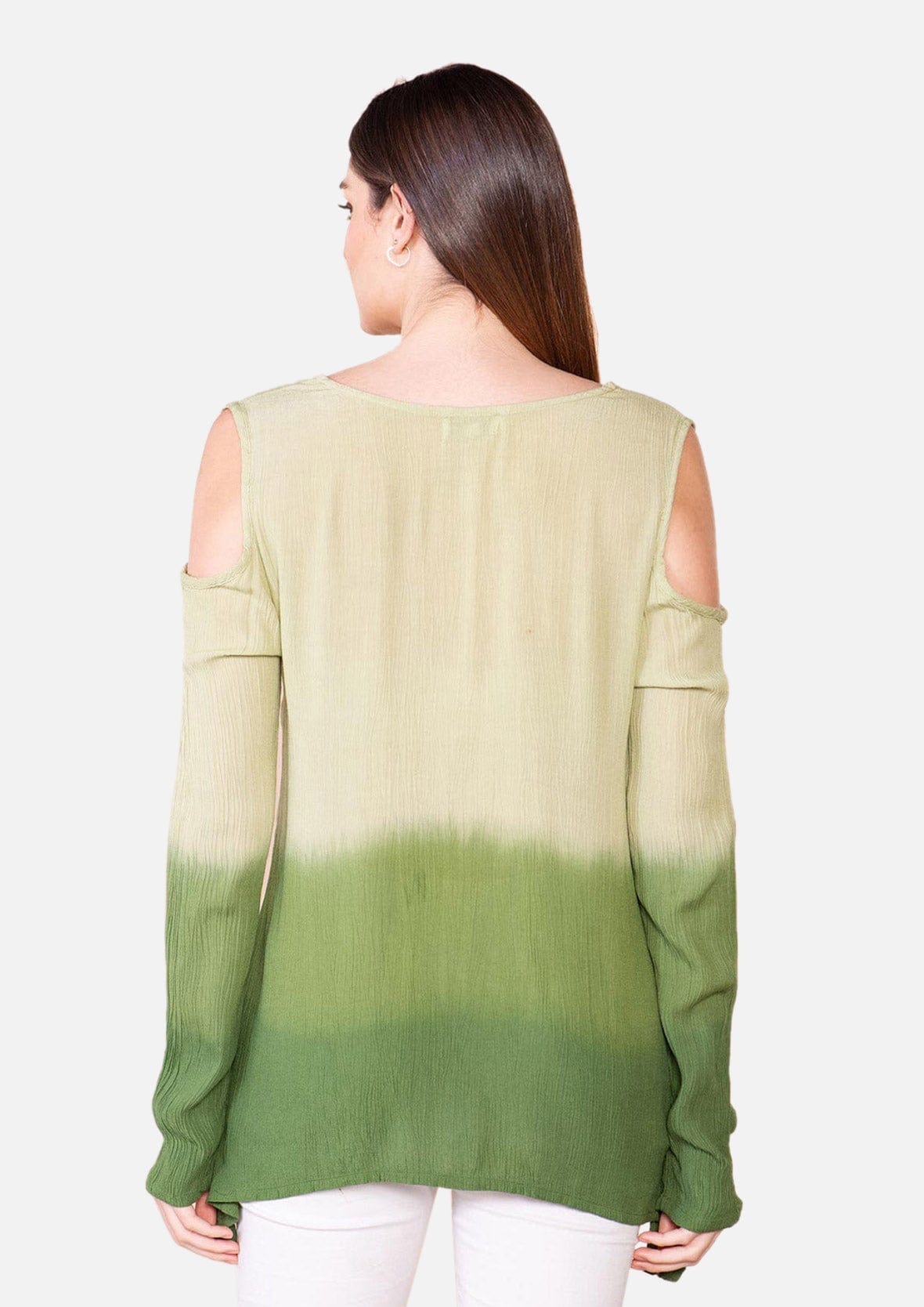 back side of rayon ombre olive top with cold-shoulder #color_Olive Ombre
