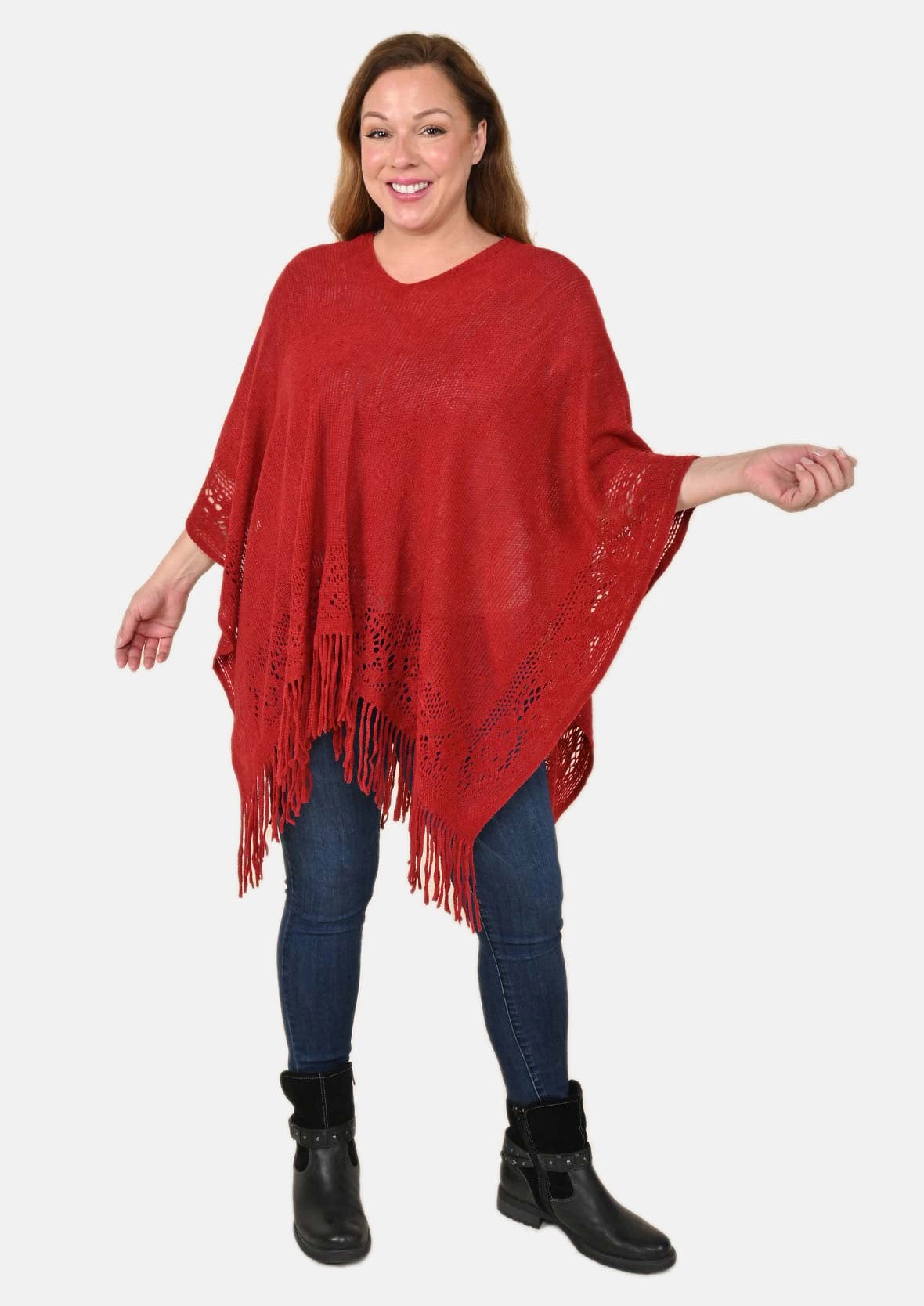 fringe detailed knitted red poncho #color_Candy red knit