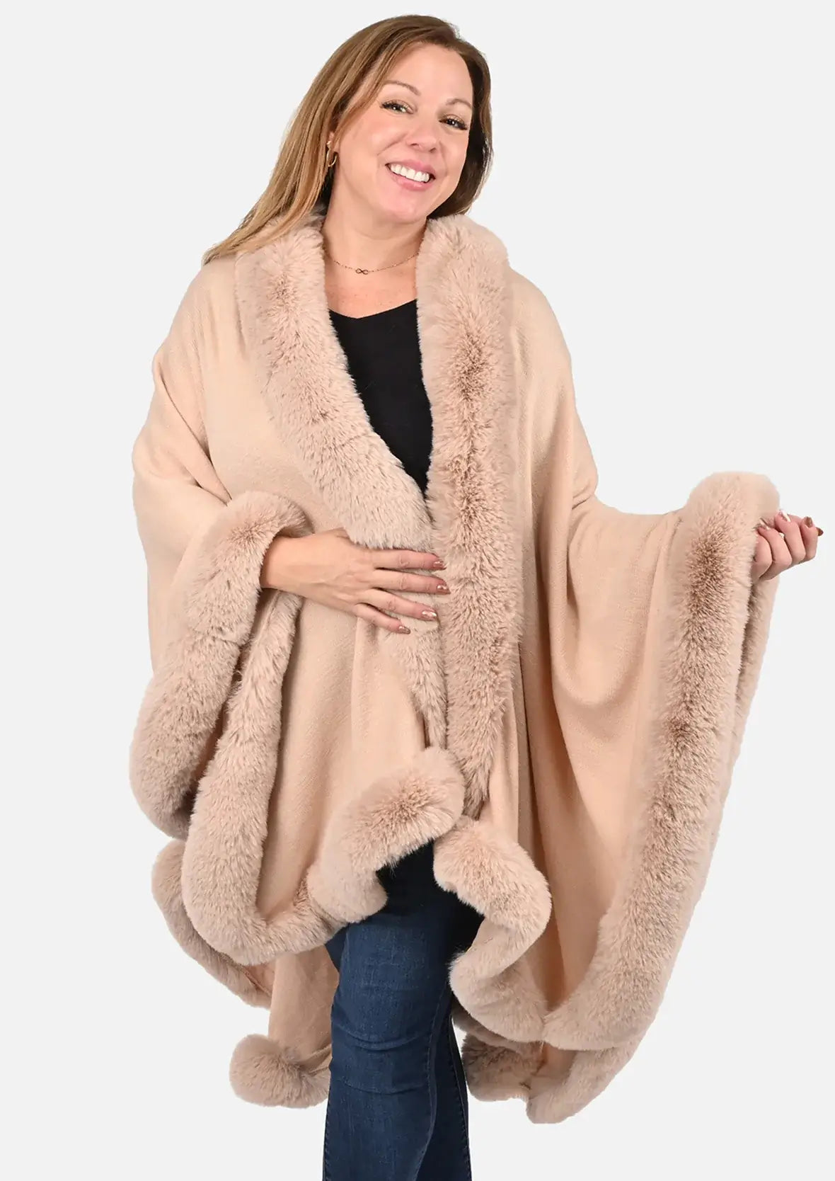 front look of super-soft pink ruana with faux fur trim #color_Lightish Pink