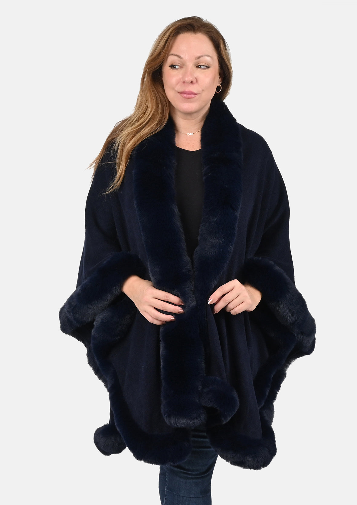 front look of super-soft navy ruana with faux fur trim #color_Navy