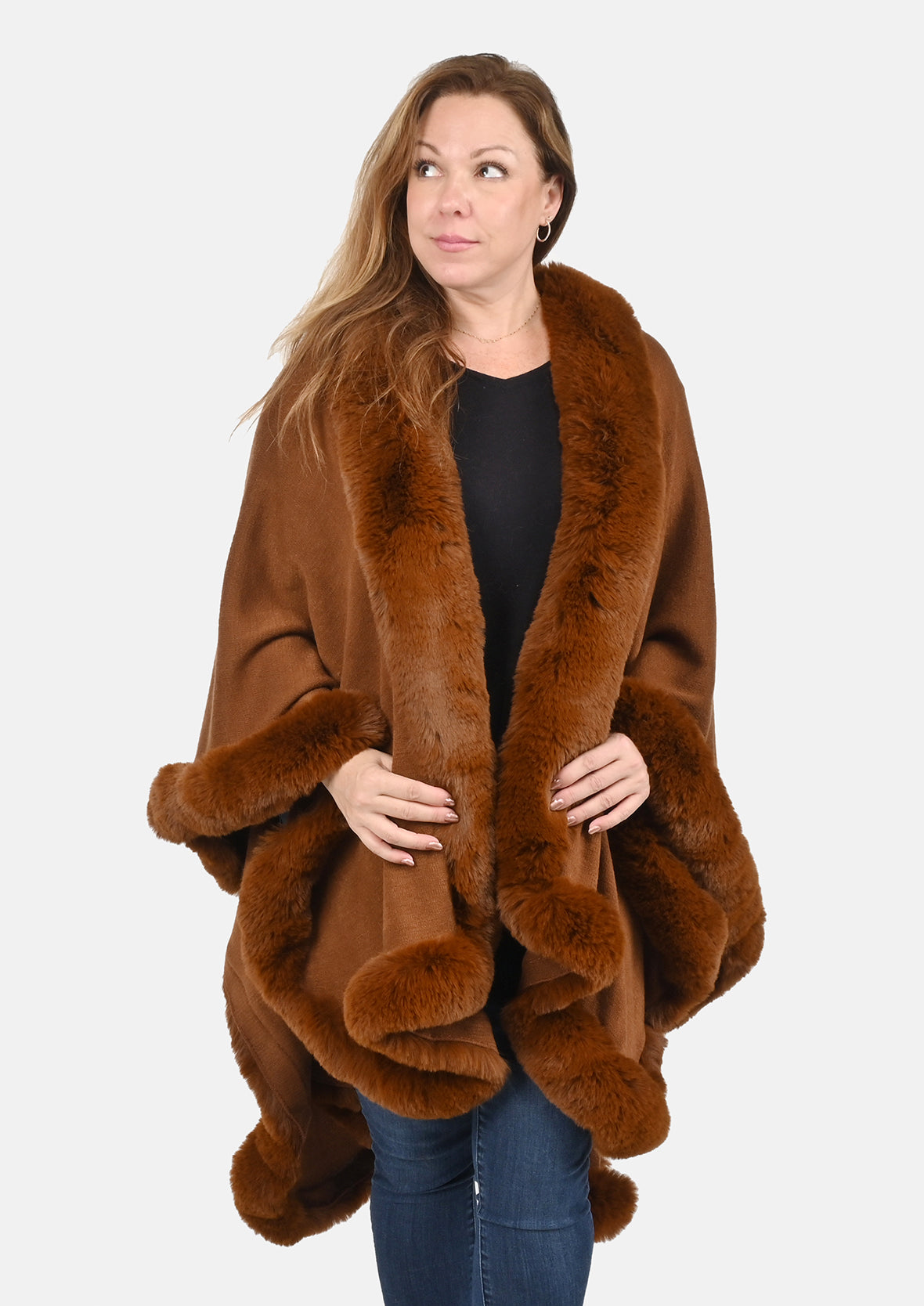 front look of super-soft brown ruana with faux fur trim #color_Brown