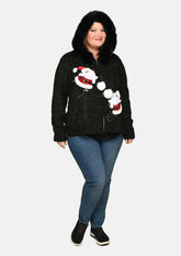 front look of santa christmas black sweater with removable fur #color_Grease Black