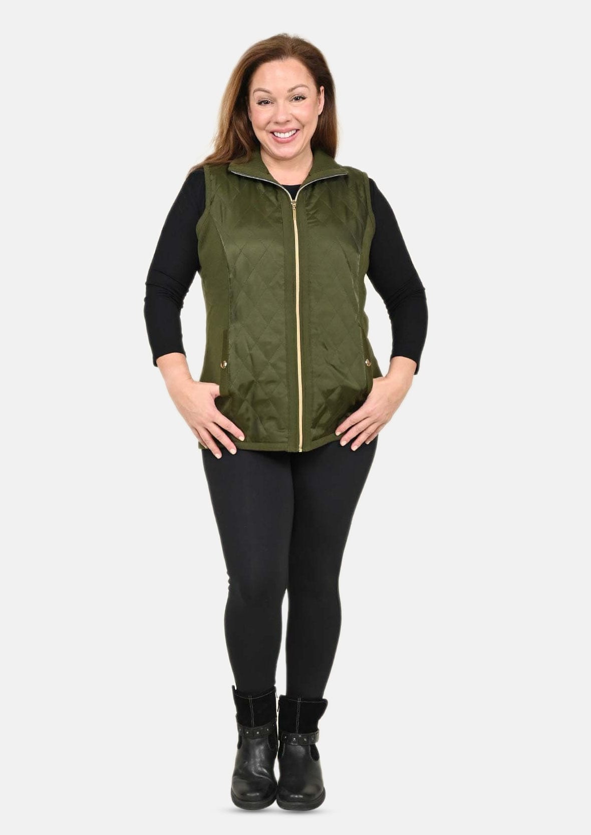 sleeveless knit olive vest with quilted pattern #color_Dark Olive