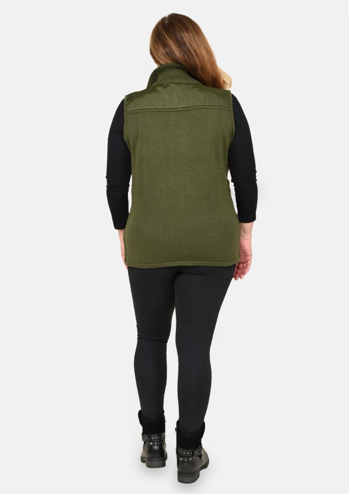back side of sleeveless knit olive vest with quilted pattern #color_Dark Olive