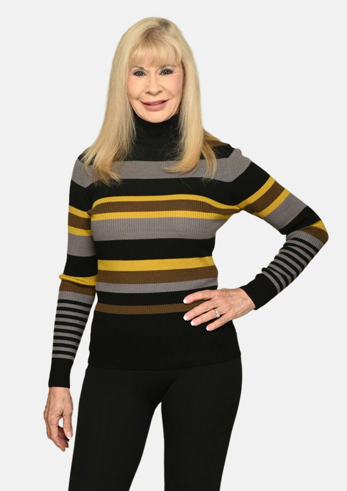 stripped rib knit turtleneck sweater #color_Yellow and Black Stripped