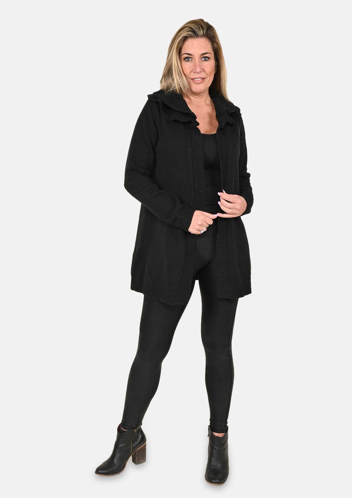 knitted black cardigan with frill neck #color_Ebony Black