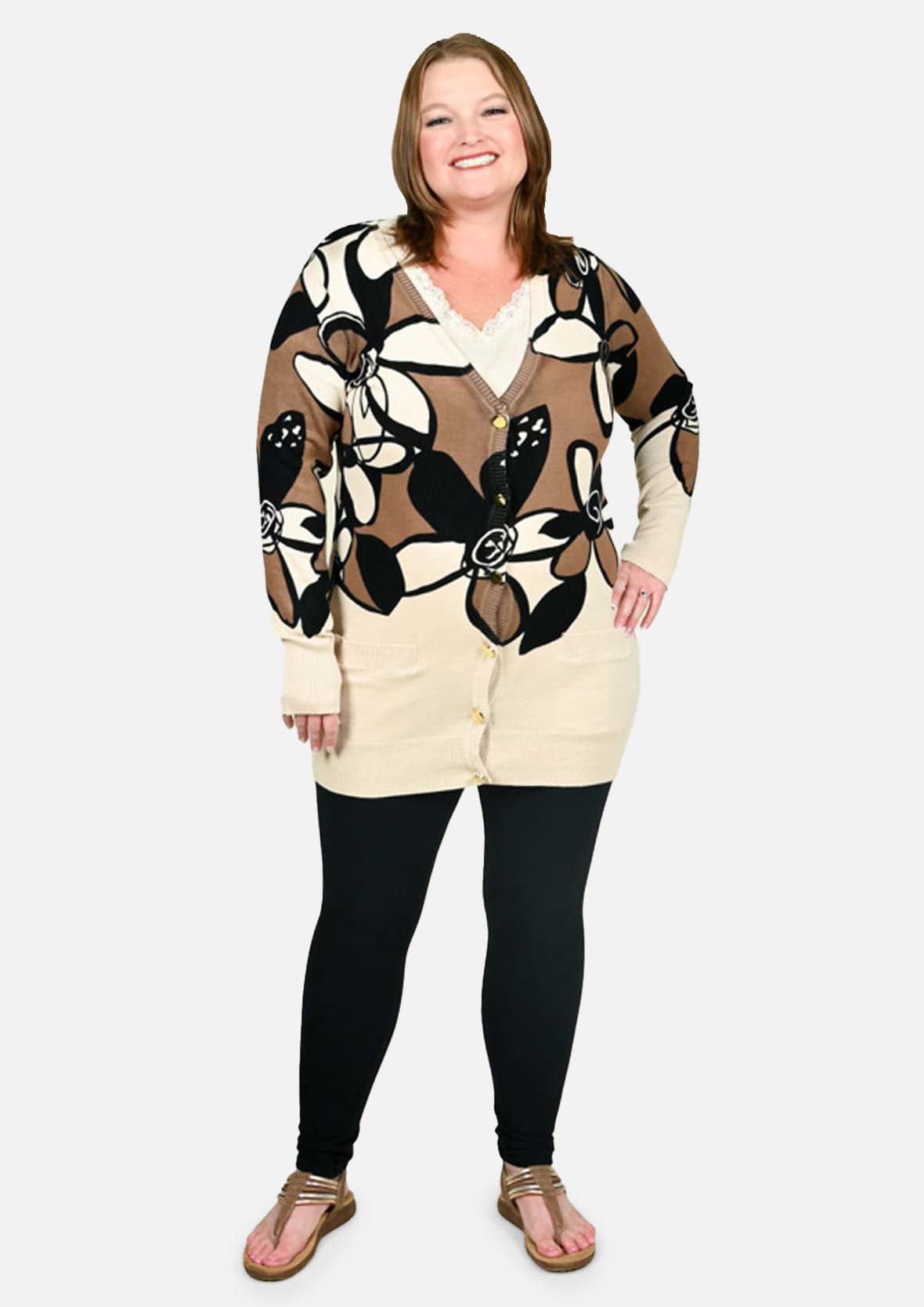 button front floral brown cardigan with pockets #color_Brown and Cream Floral