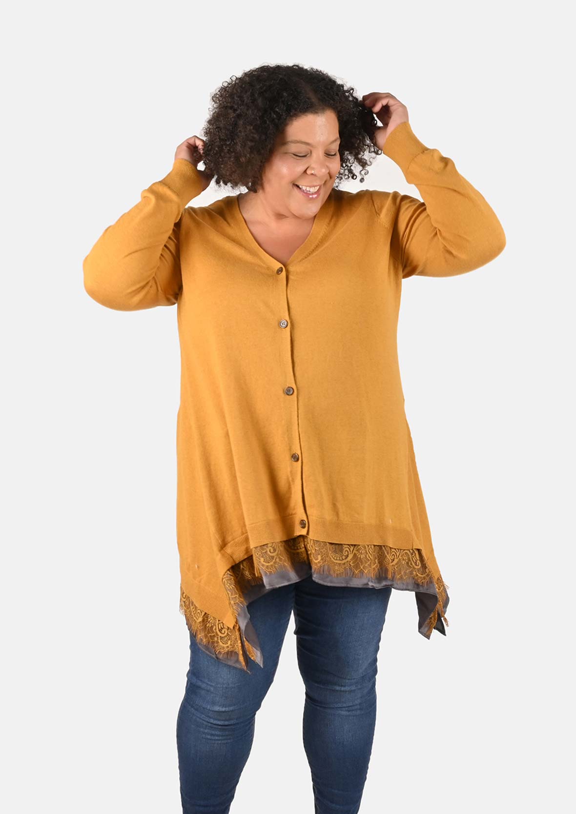 lace trim button down mustard cardigan #color_Mustard Yellow