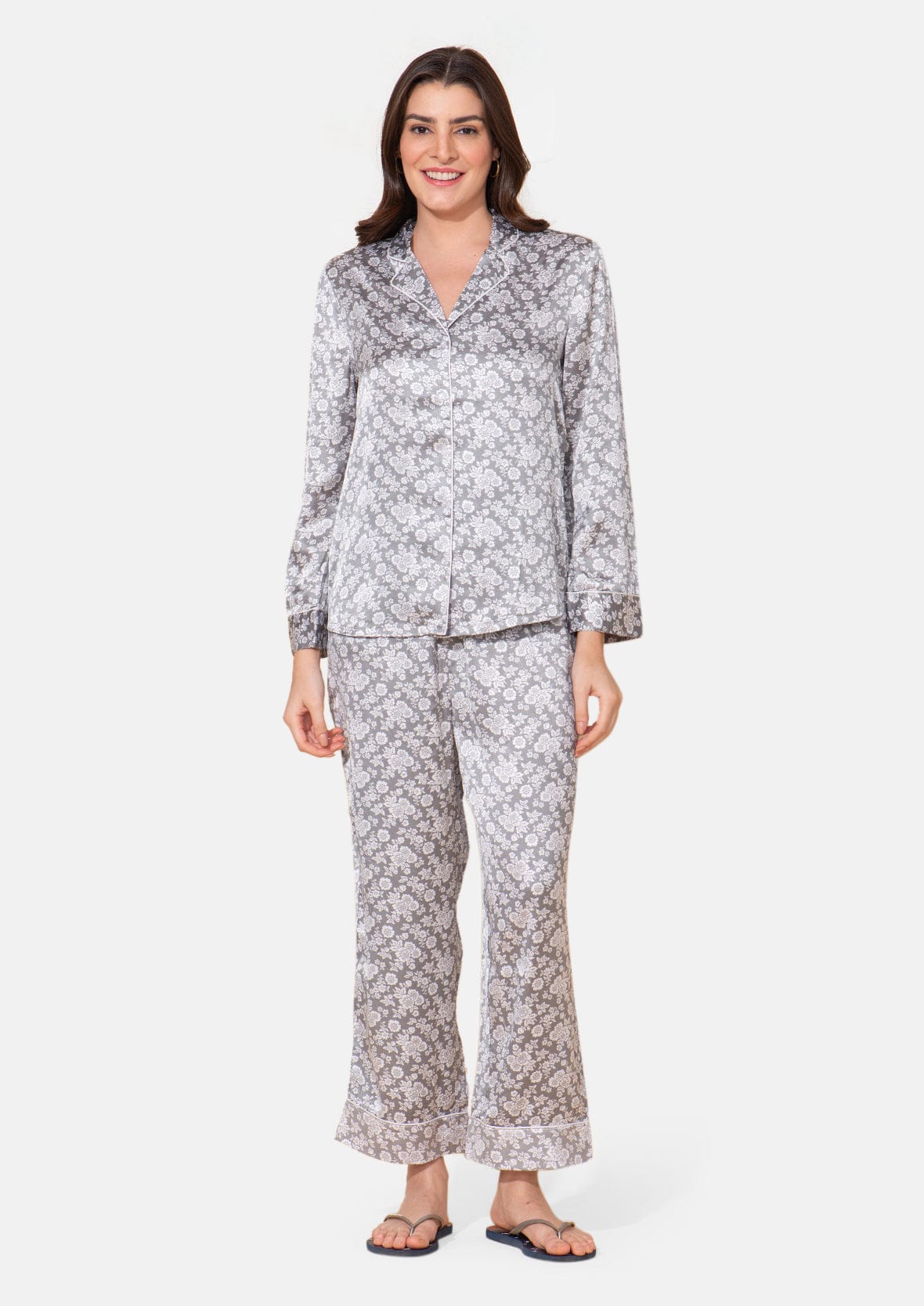 Collared Nightwear Set With Piping Detail