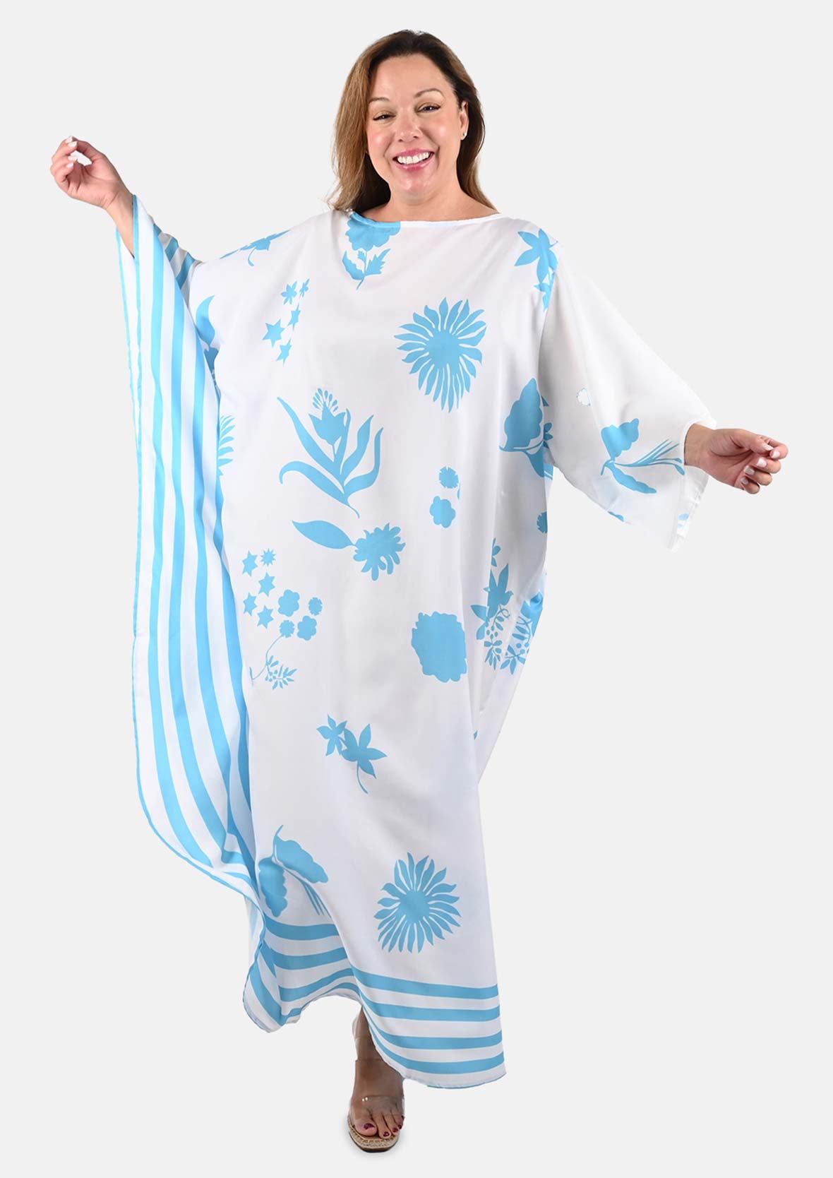 front look of floral striped asymmetrical sky blue maxi kaftan #color_White Sky Blue