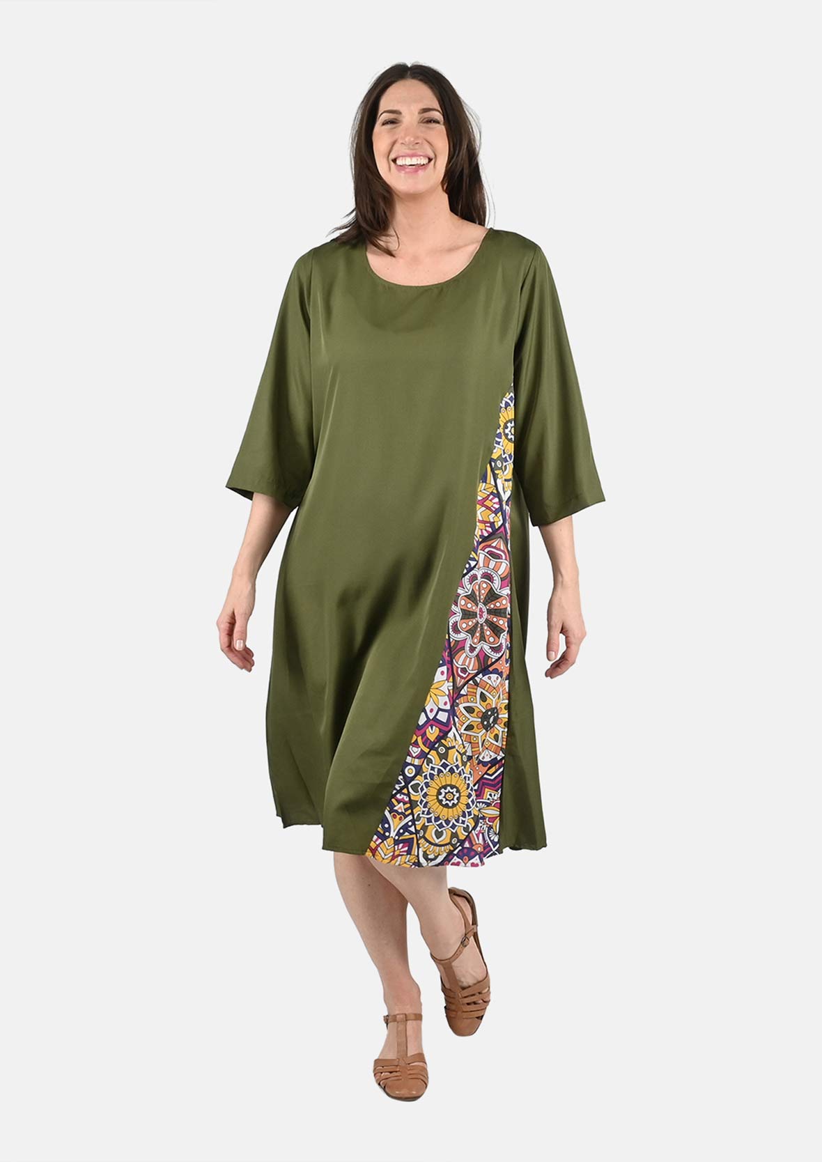side patchwork green midi dress #color_Green Side Patchwork