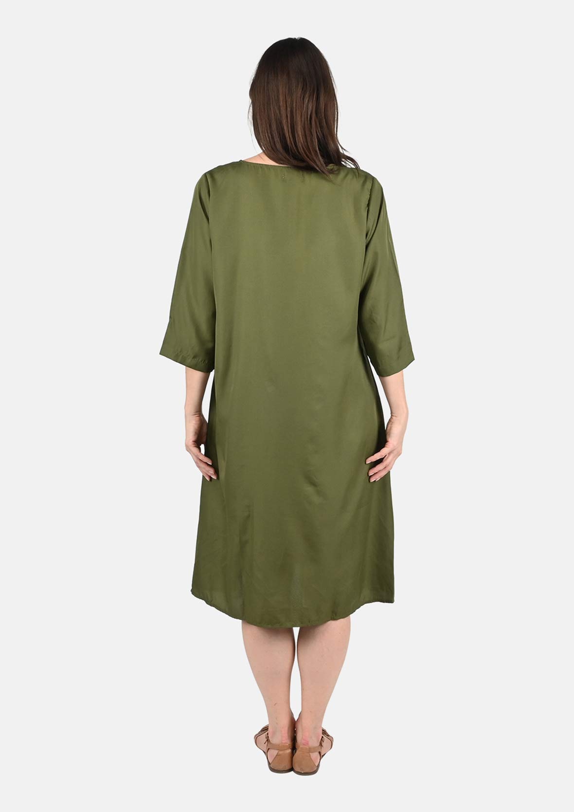 back side of side patchwork green midi dress #color_Green Side Patchwork
