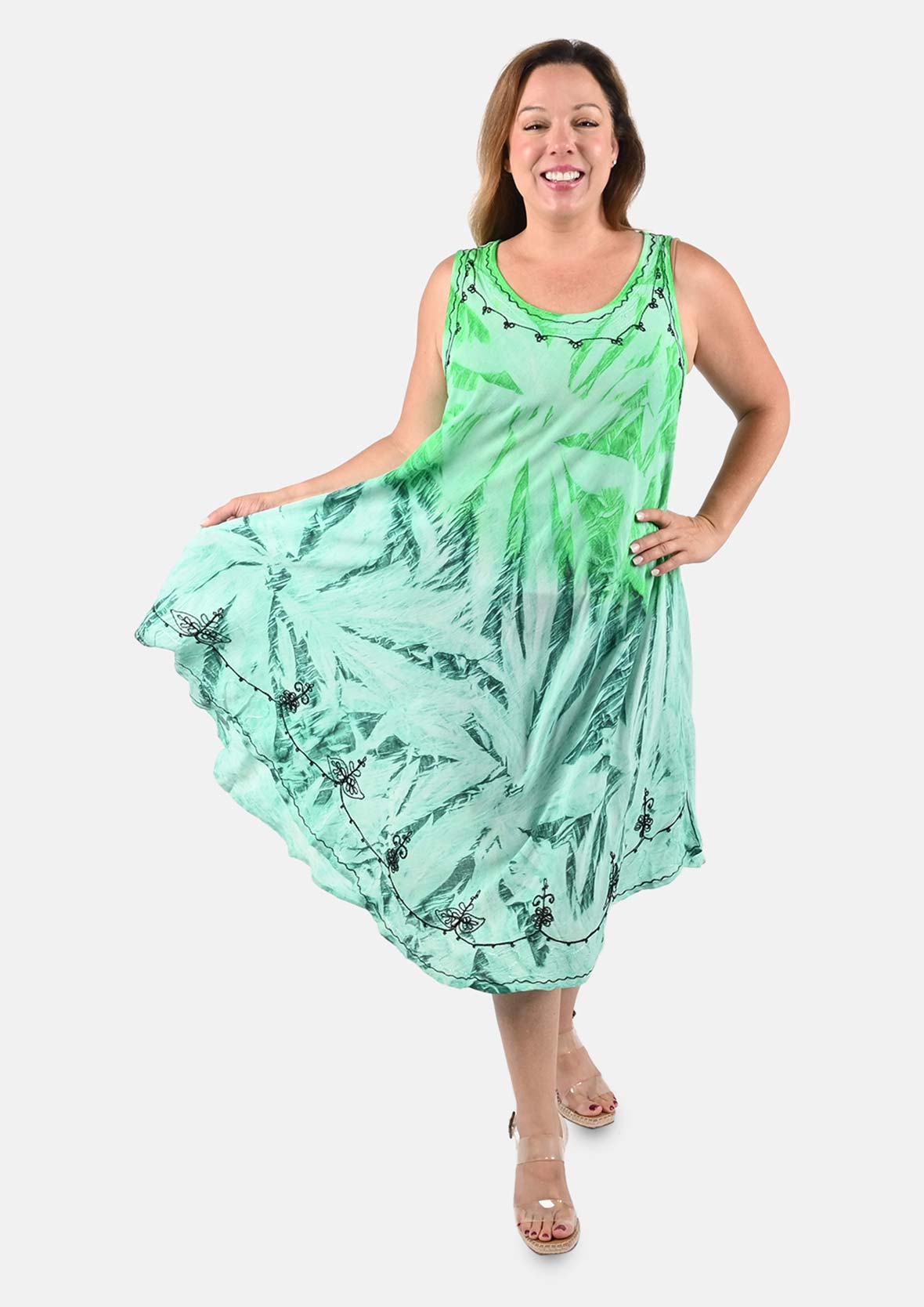 embroidered tie-dye turquoise umbrella dress #color_Turquoise Mint Green