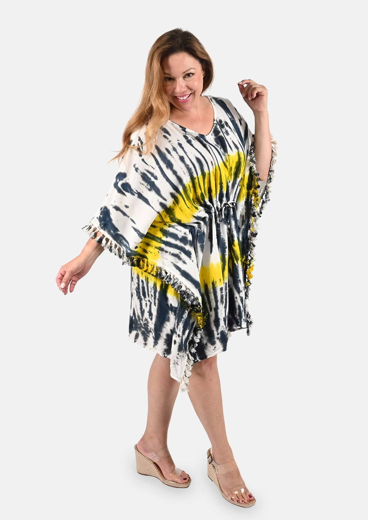 front look of tie-dye yellow short kaftan with waist drawstring #color_Yellow White Black