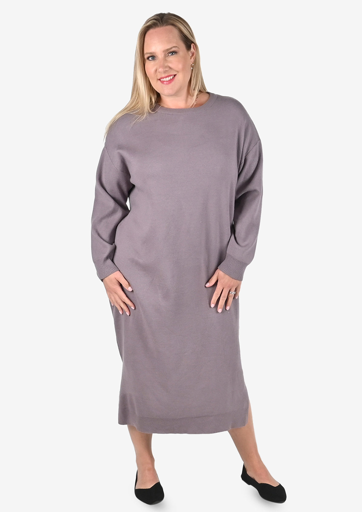 crew neck knit lilac sweater dress #color_Lilac