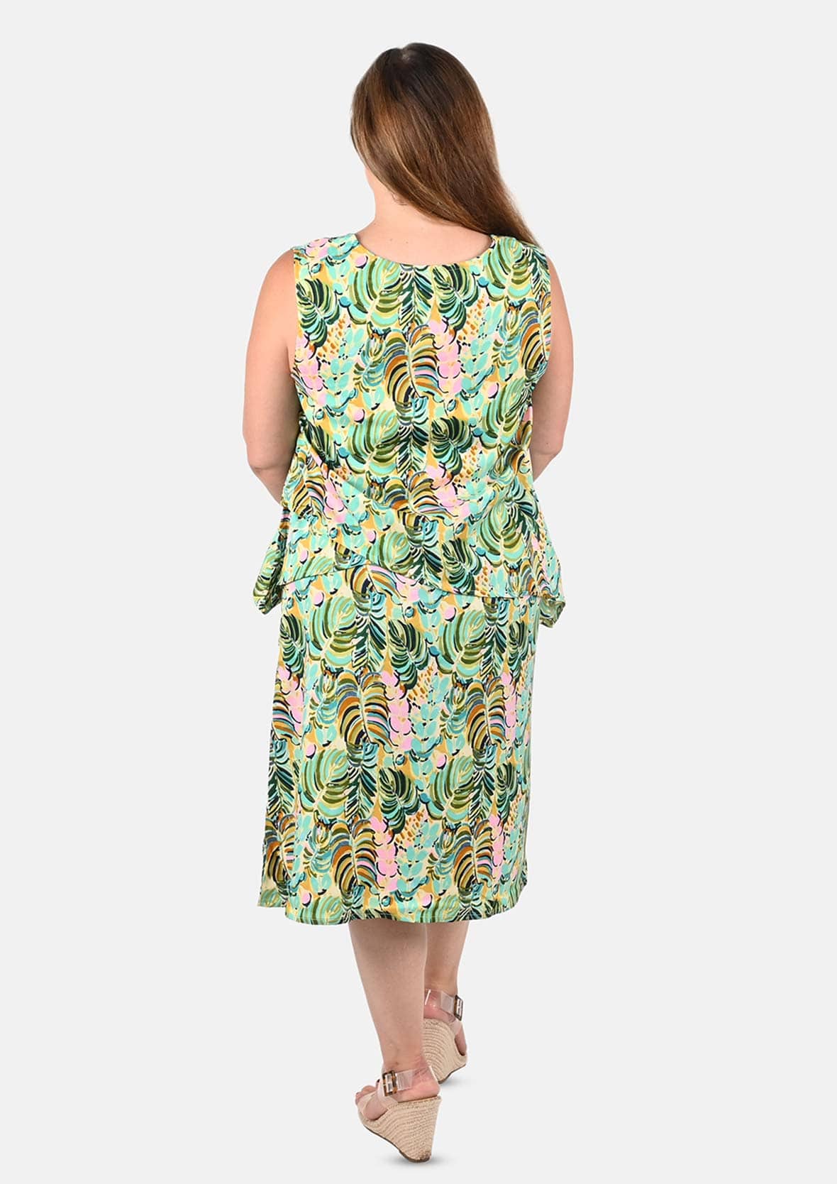 back side of floral sleeveless drape green dress #color_Multi Green Leafy