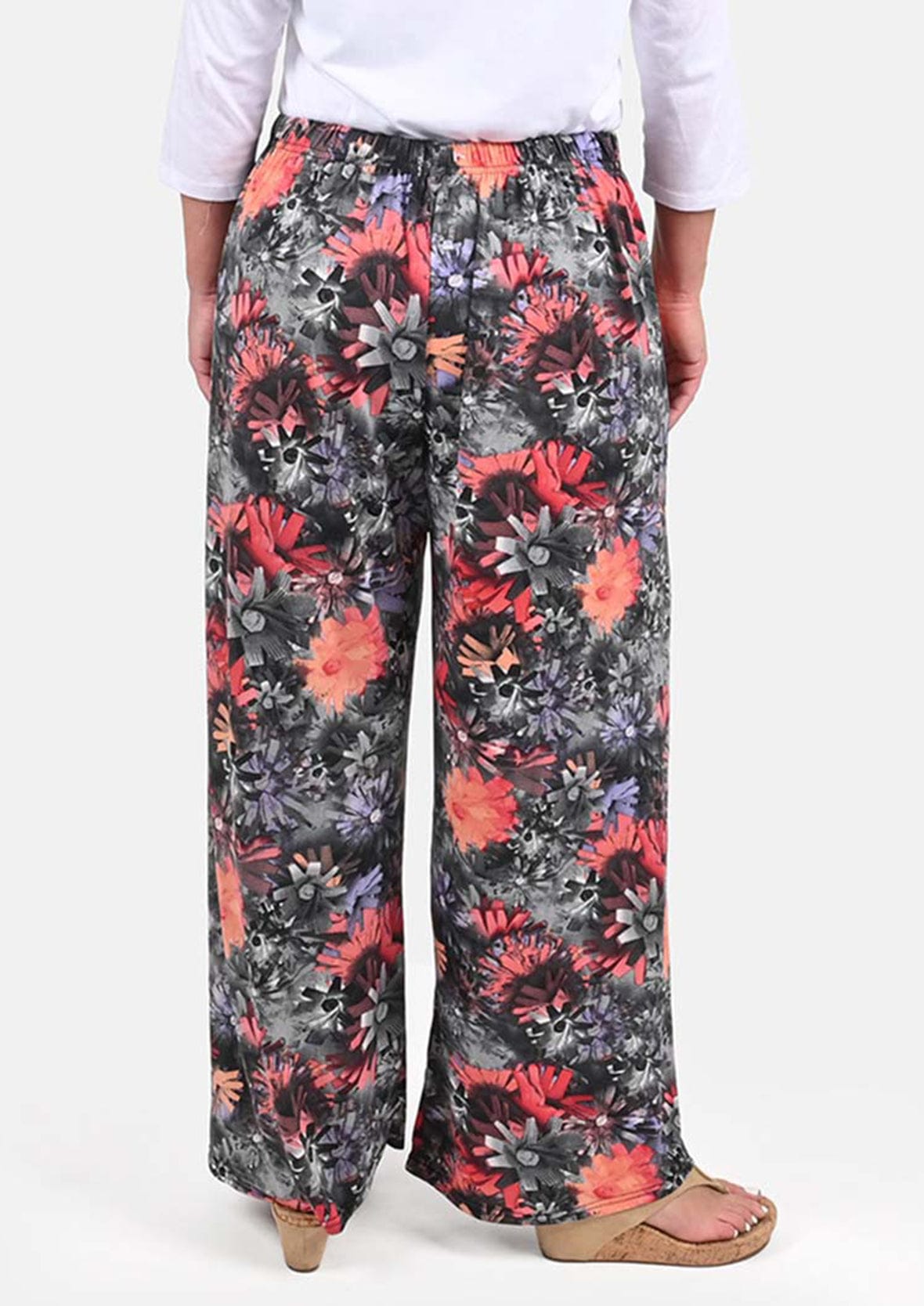 back side of multicolored wide leg gray pants #color_Gray with pink florals