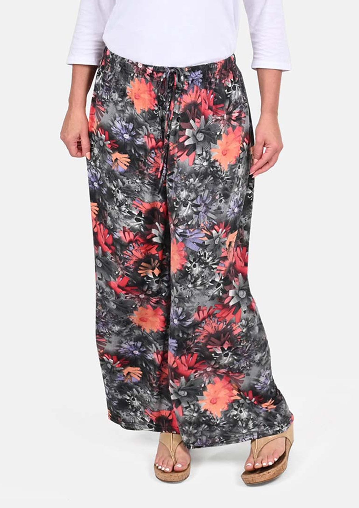multicolored wide leg gray pants #color_Gray with pink florals