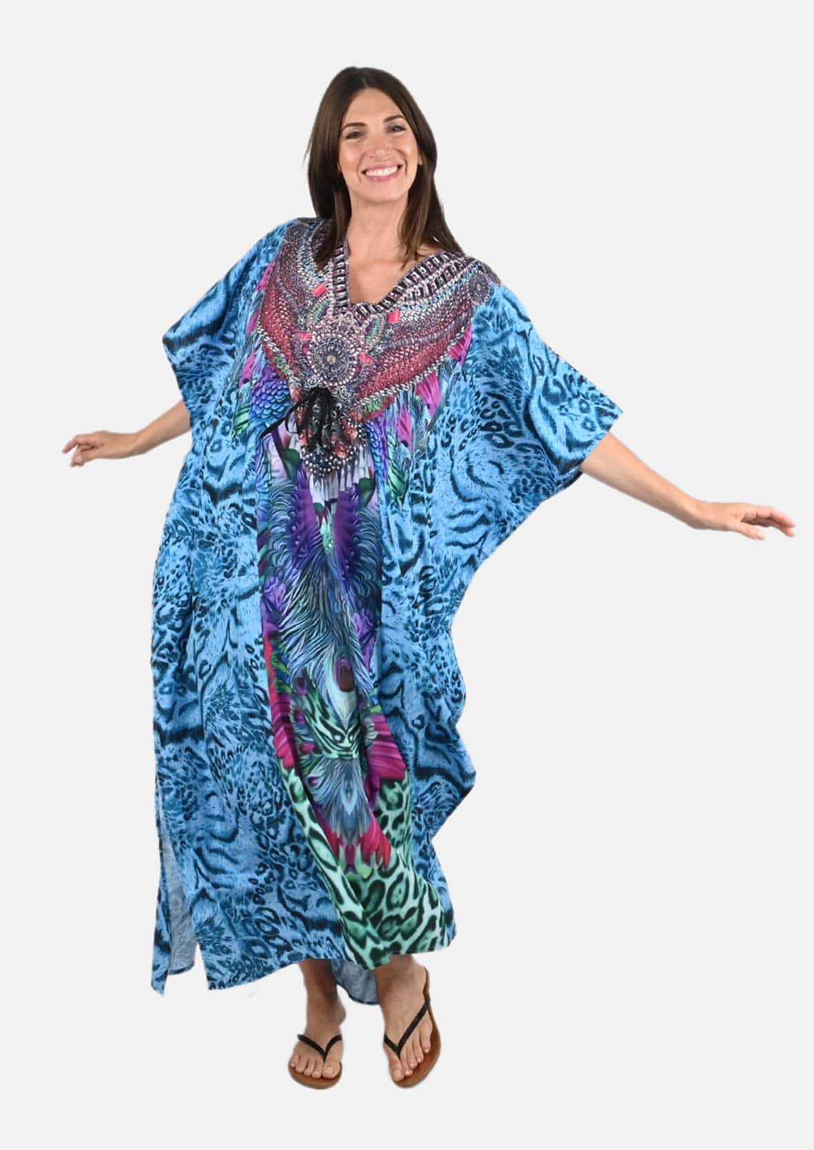 animal print turquoise maxi kaftan with drawstring #color_Turquoise Multi Leopard