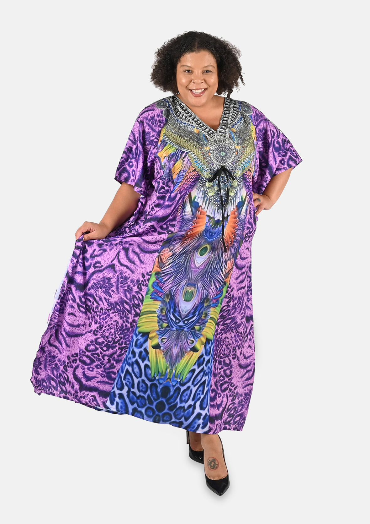 animal print purple maxi kaftan with drawstring #color_Purple Blue Leopard