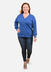 lace trim v-neck knit blue sweater #color_Shady Cobalt Blue