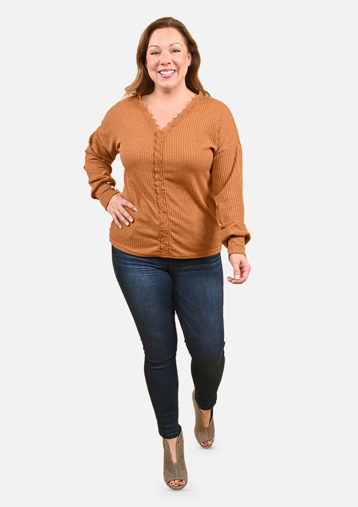 lace trim v-neck knit brown sweater #color_Russet Brown