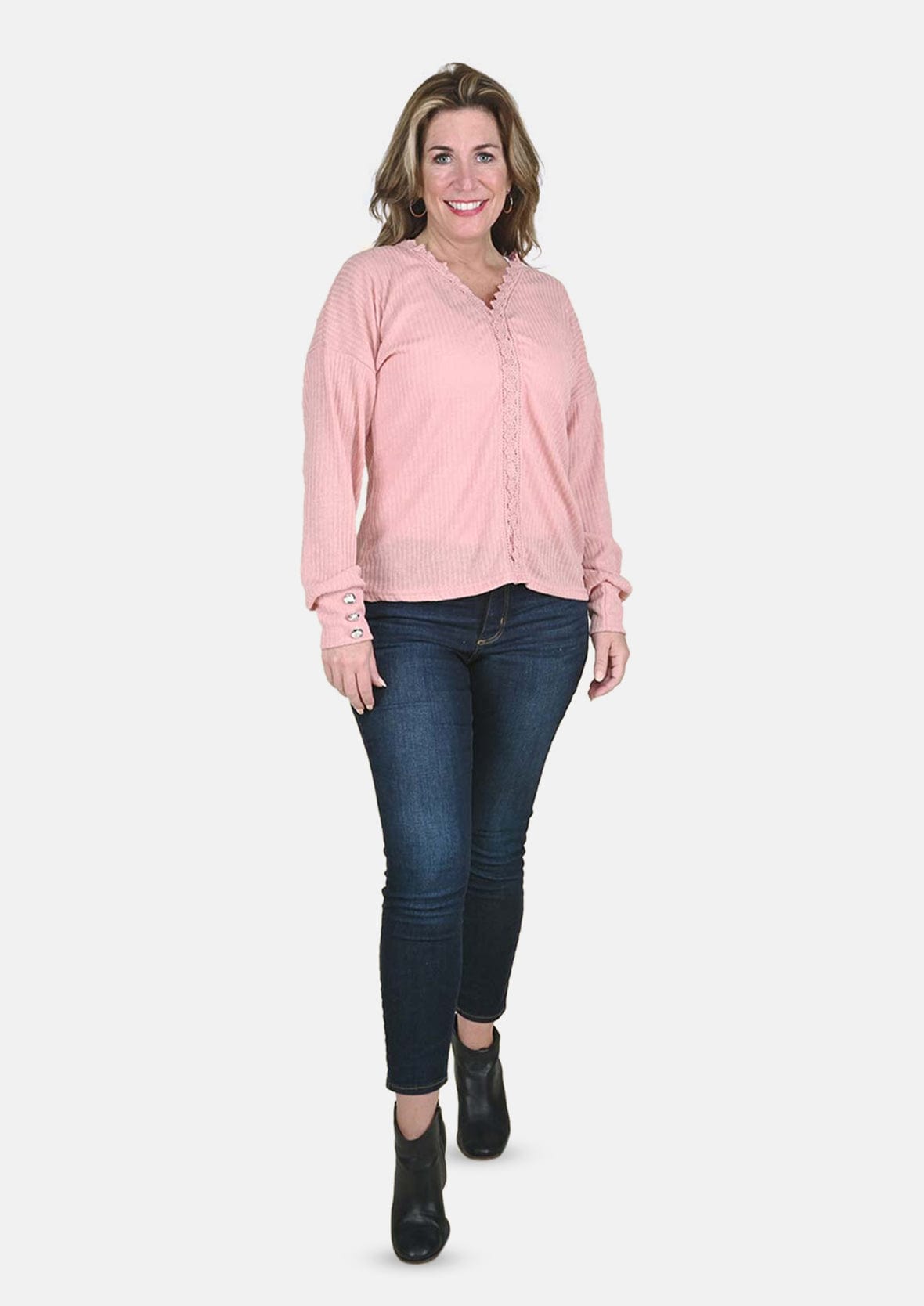 lace trim v-neck knit pink sweater #color_Lemonade Pink
