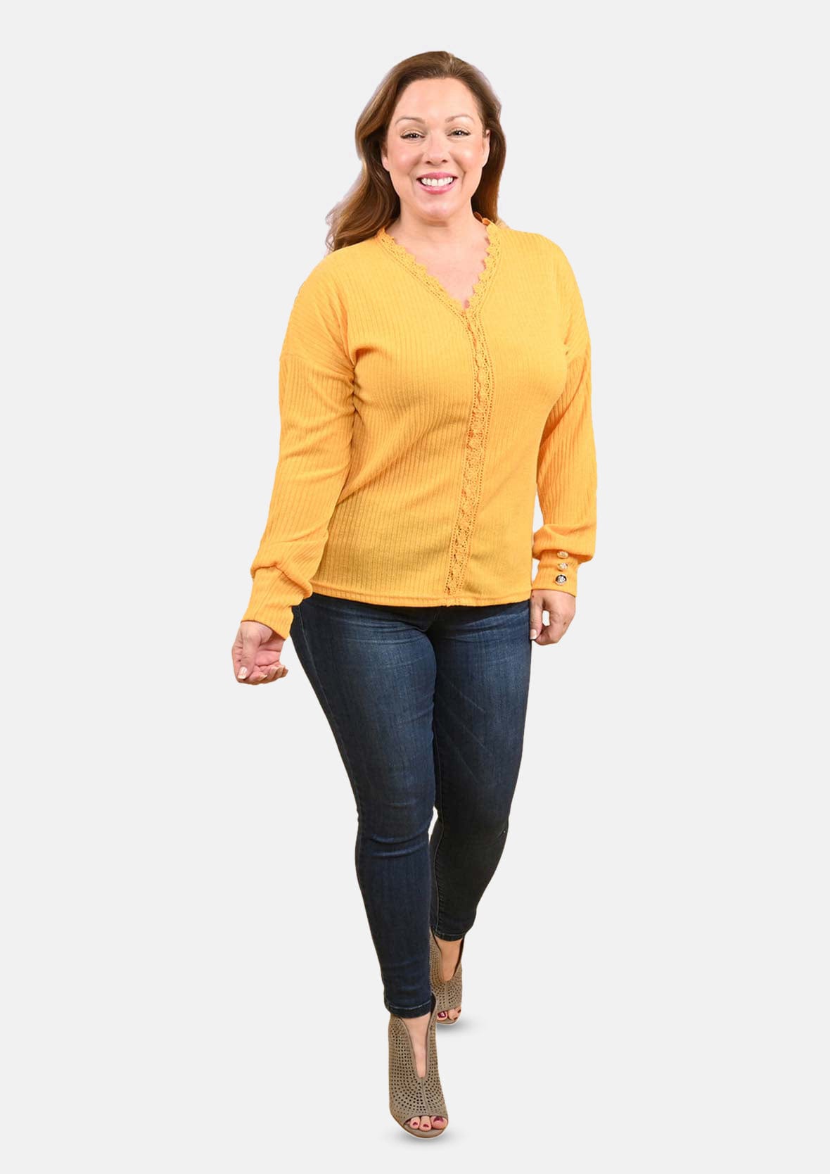 lace trim v-neck knit yellow sweater #color_Corn Yellow