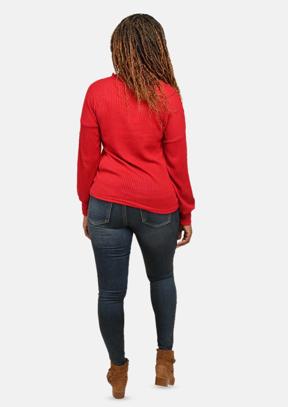 back side of lace trim v-neck knit red sweater #color_Candy Apple Red