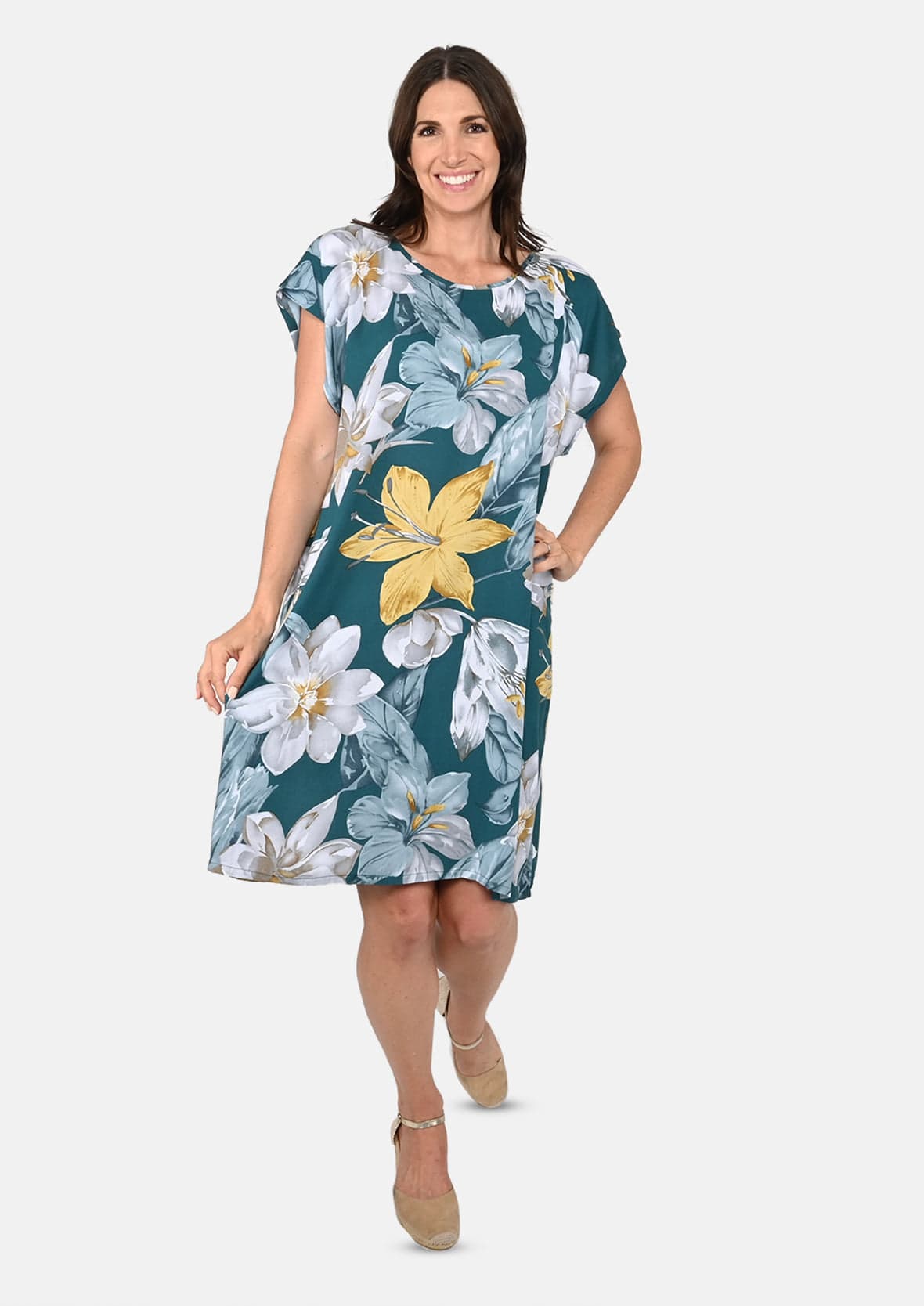lady wearing floral print tunic teal green dress #color_Teal Green Floral Printed