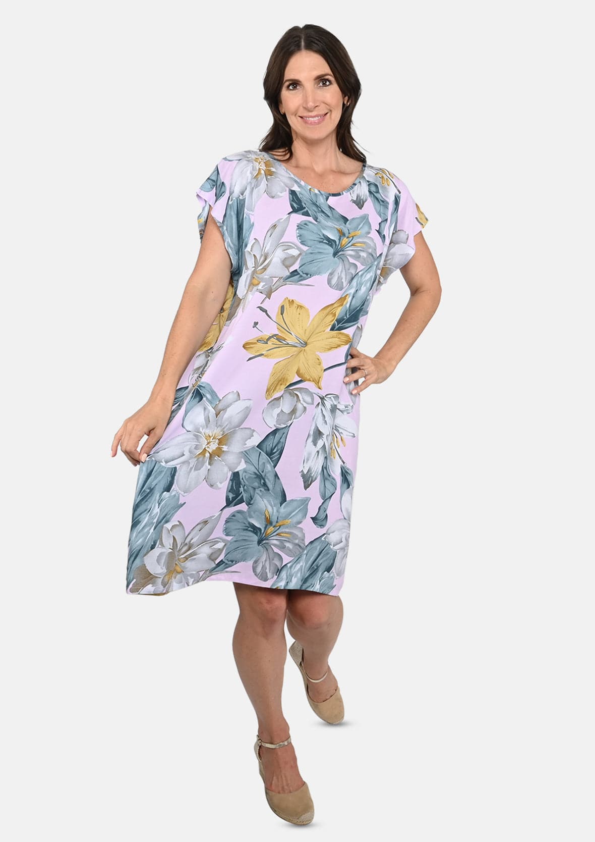 lady wearing floral print tunic white dress #color_White Blue Floral