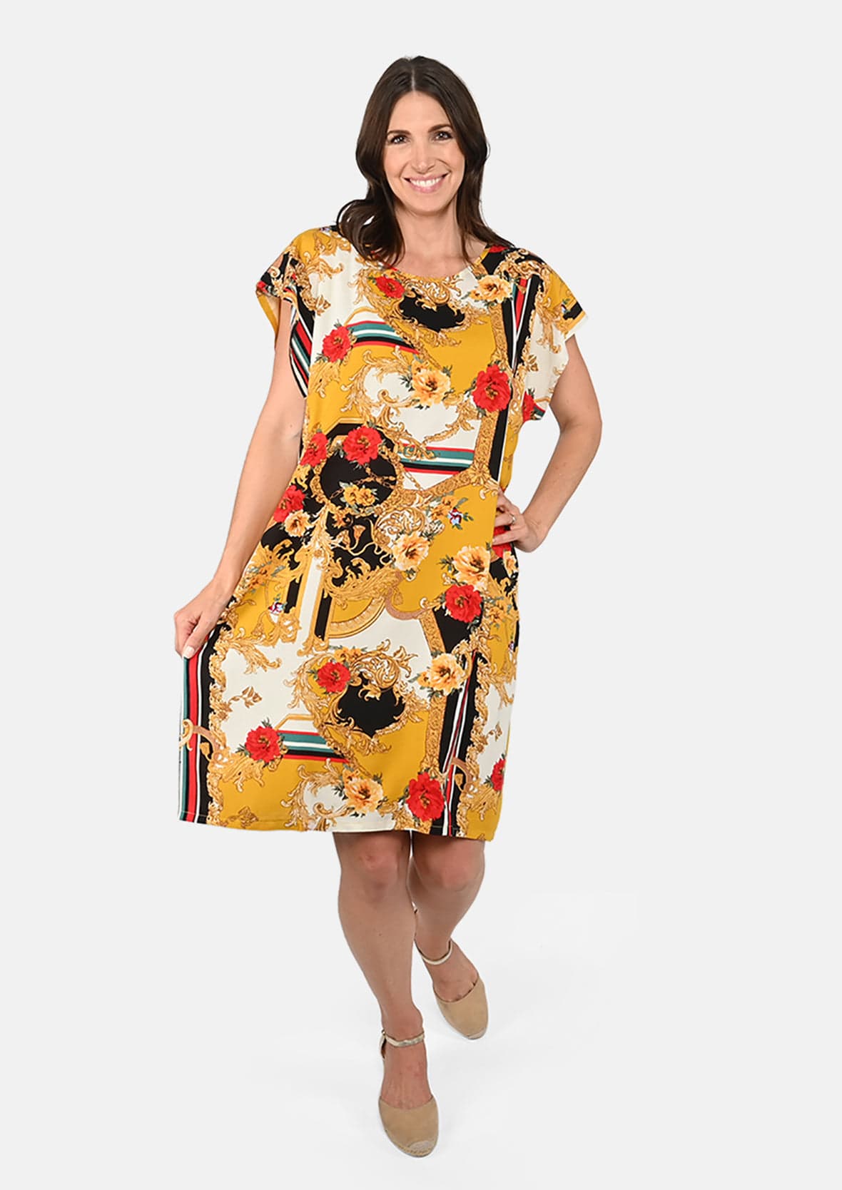 lady wearing striped floral red yellow tunic dress #color_Red and Yellow