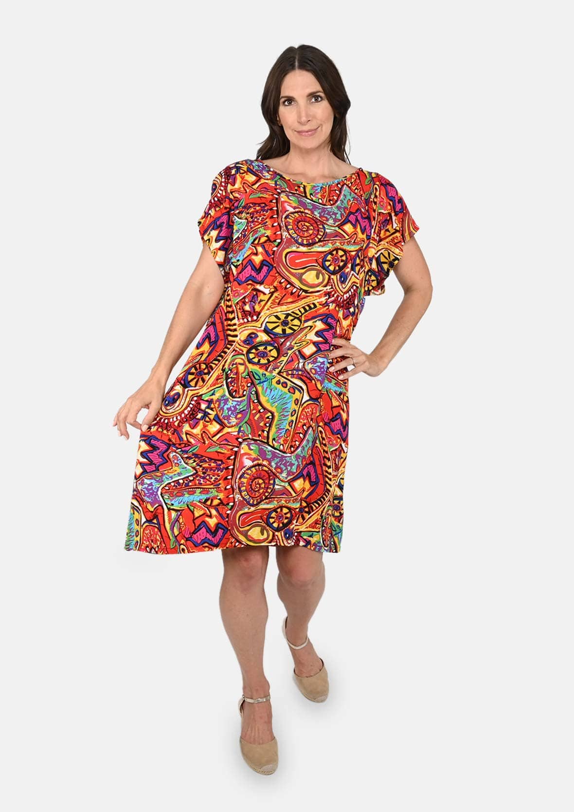 lady wearing digital print red tunic dress #color_Red Multi Print