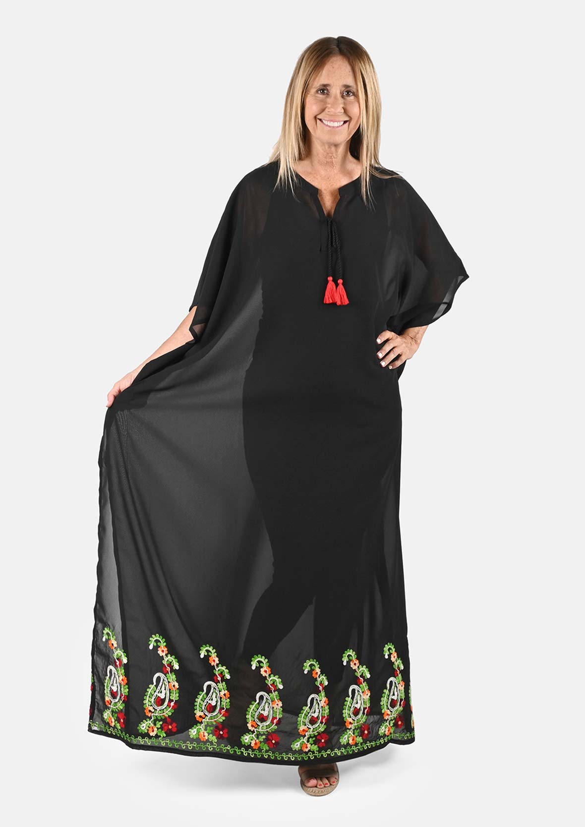 embroidered black cover-up with tie detailing #color_Black