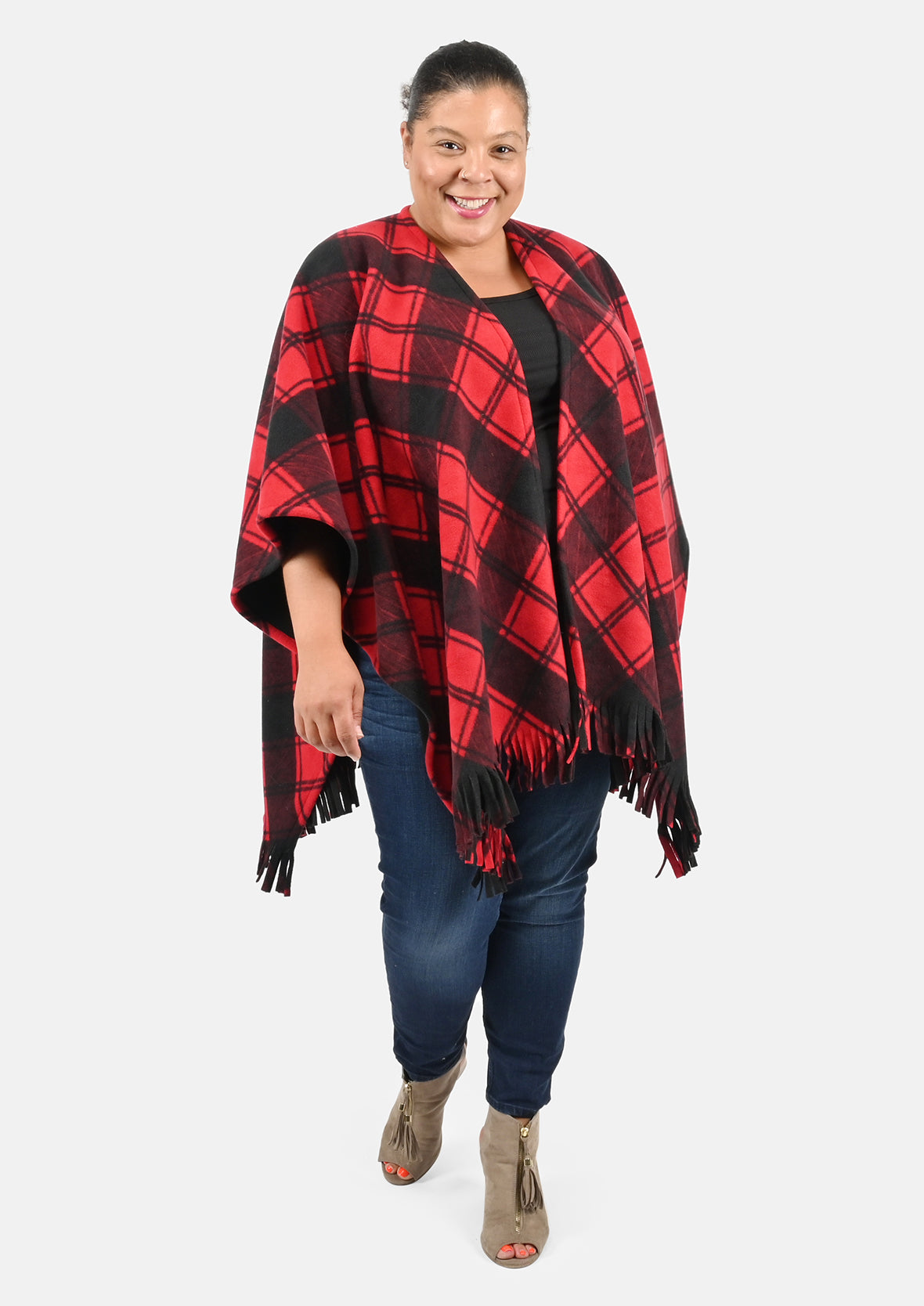 plaid double knit red black kimono with fringe #color_Black & Red Check