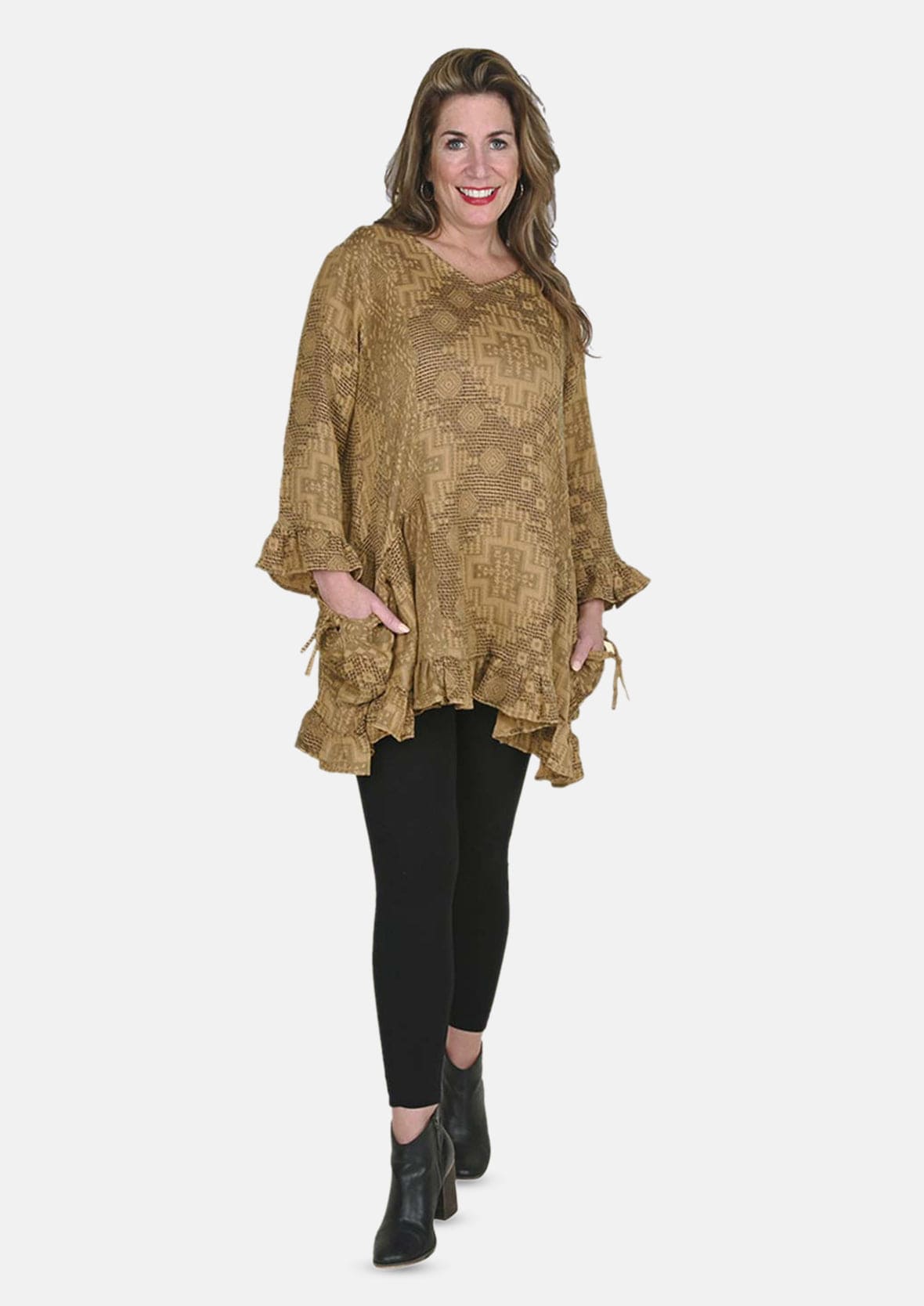 jacquard ruffle olive top with pockets #color_Gold Olive