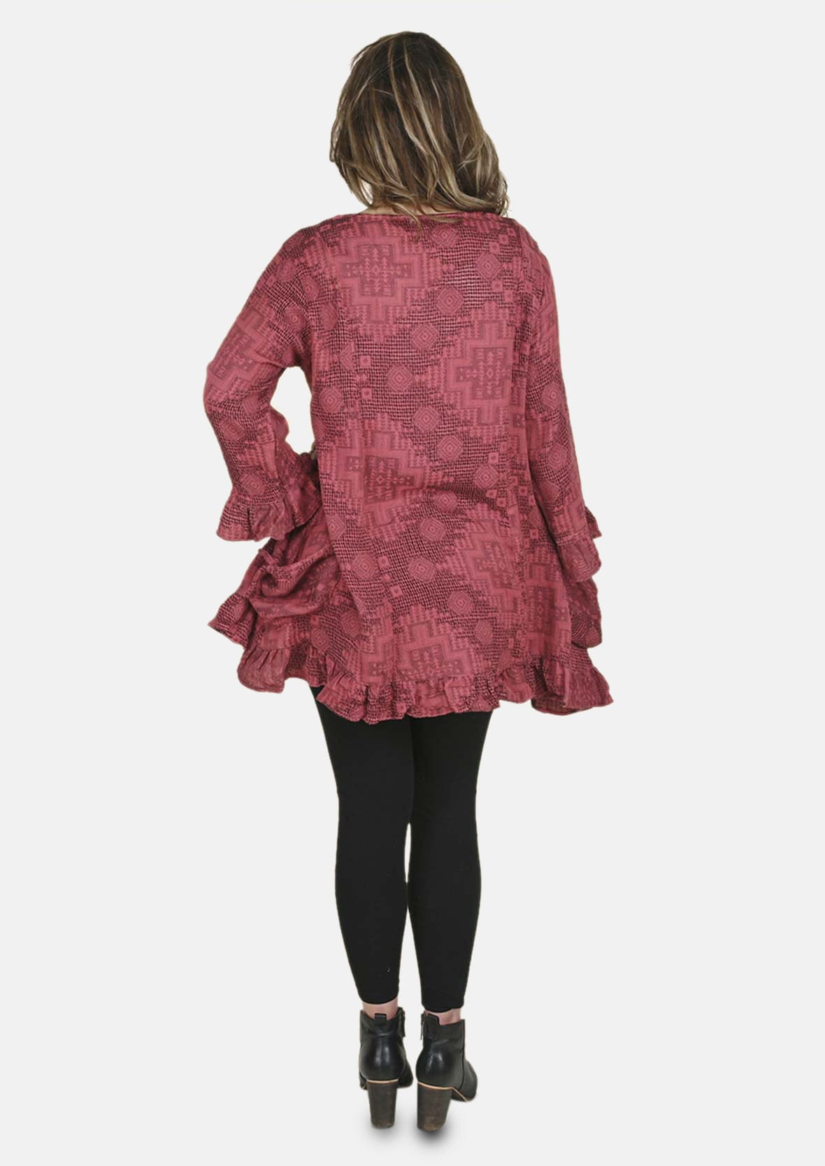 back side of jacquard ruffle burgundy top with pockets #color_Shady Burgundy