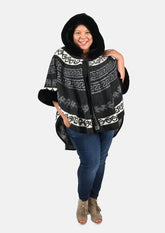 half moon faux fur lined hooded black gray poncho #color_Black Gray White