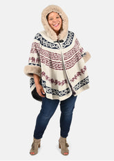 half moon faux fur lined hooded beige poncho #color_Beige With Black Pattern