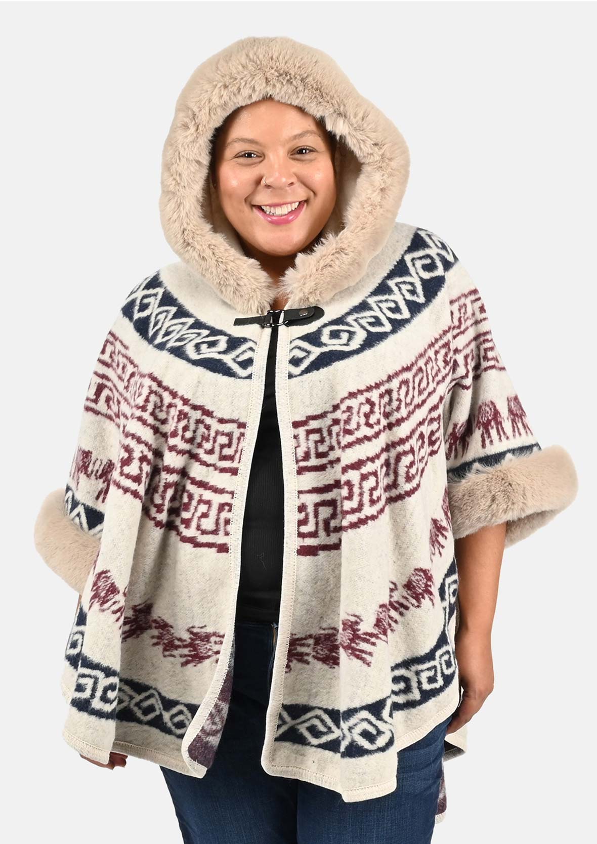 front look of half moon faux fur lined hooded beige poncho #color_Beige With Black Pattern