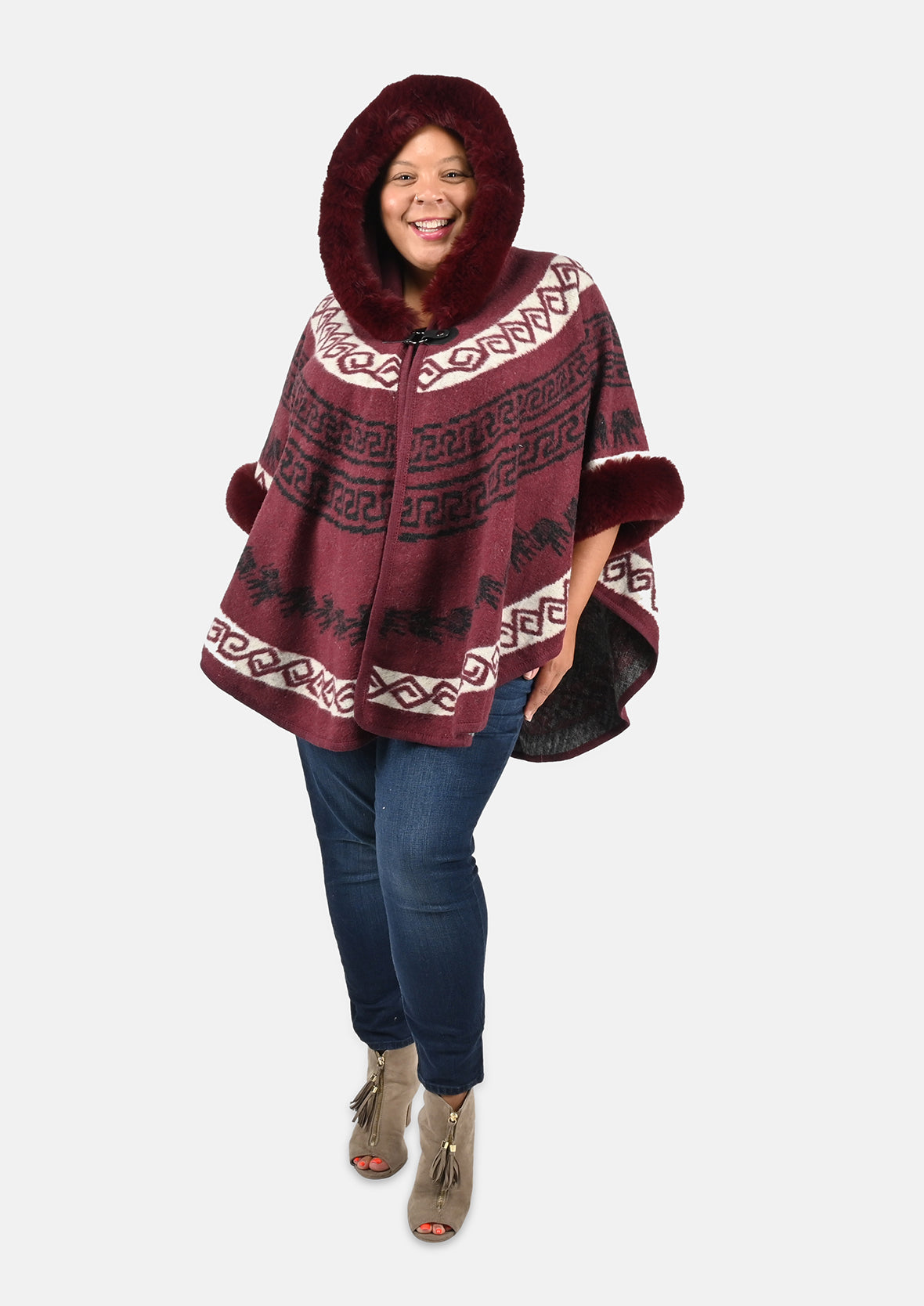 half moon faux fur lined hooded cranberry poncho #color_Cranberry With White Pattern