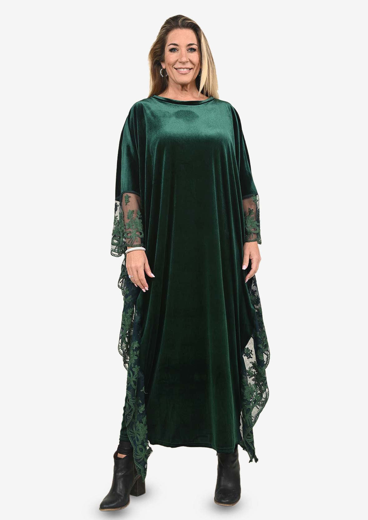 velvet green maxi kaftan with lace detailing #color_Basil Green