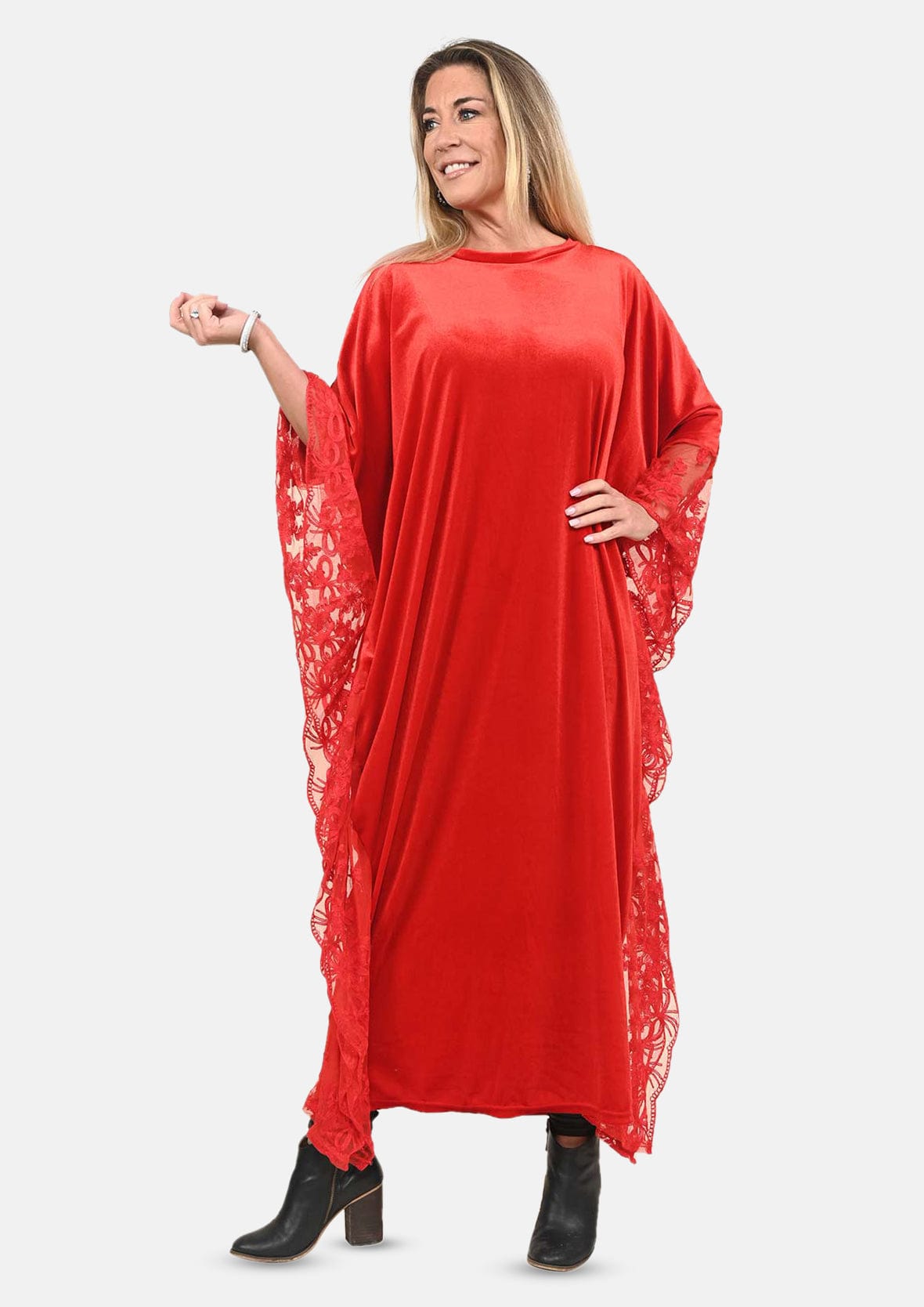 velvet red maxi kaftan with lace detailing #color_Rosy Red