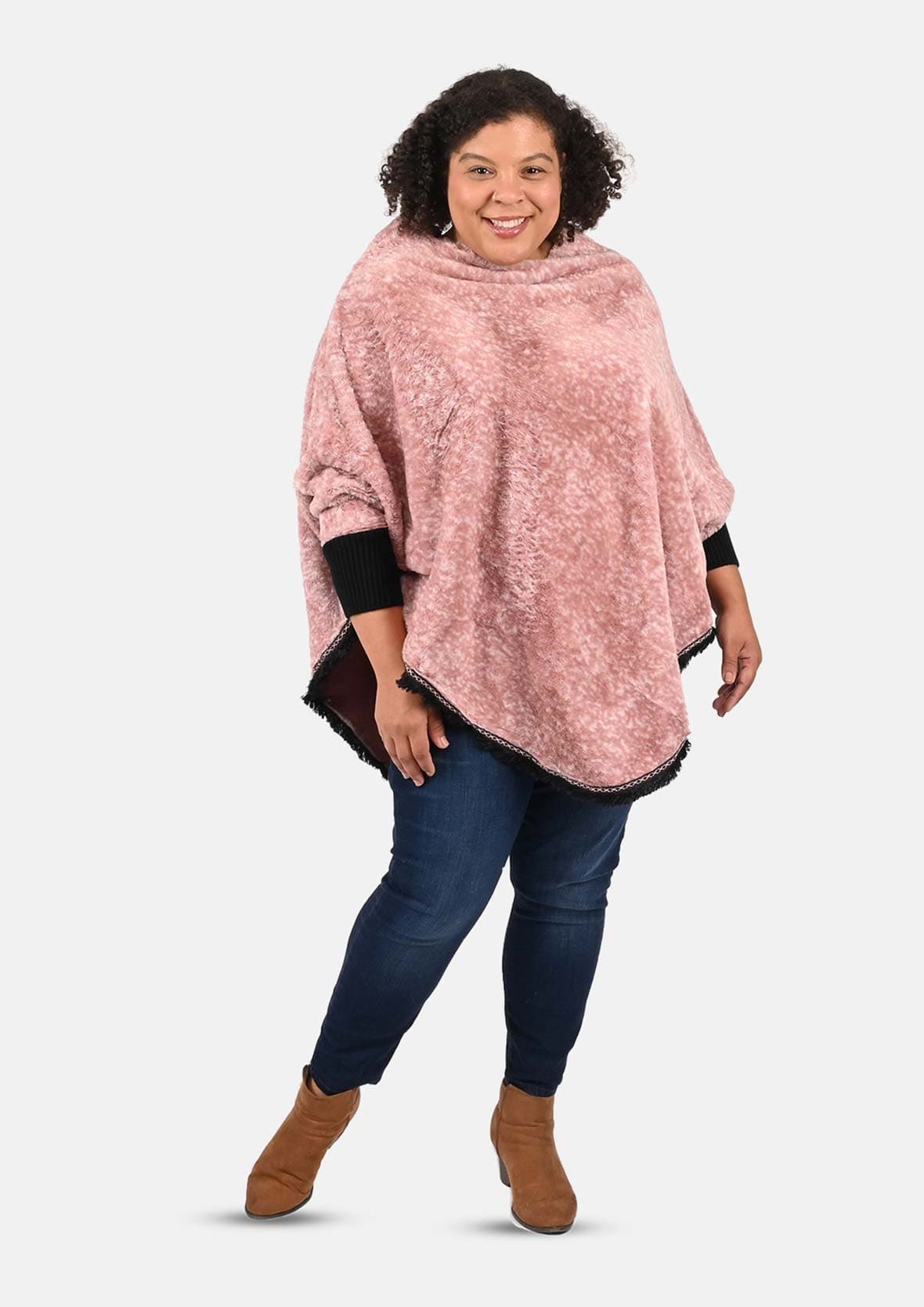 front look of faux fur dusky pink poncho with lace border #color_Dusty Pink Textured